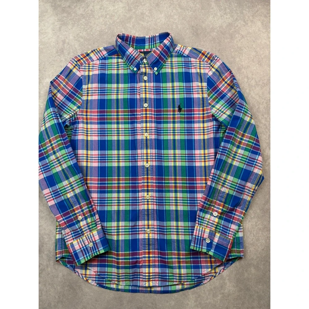Polo Ralph Lauren Boys L 14-16 Multicolor Plaid Madras Button Down Shirt Stretch